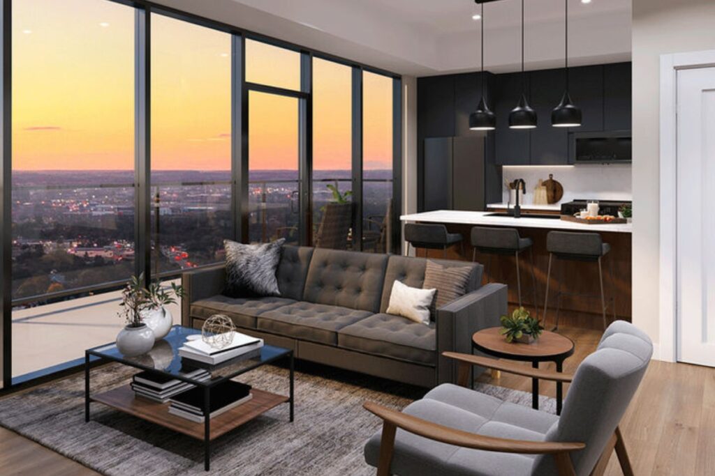 Q Condos Momentum Developments affordable Kitchener condo investment suite living room and kitchen