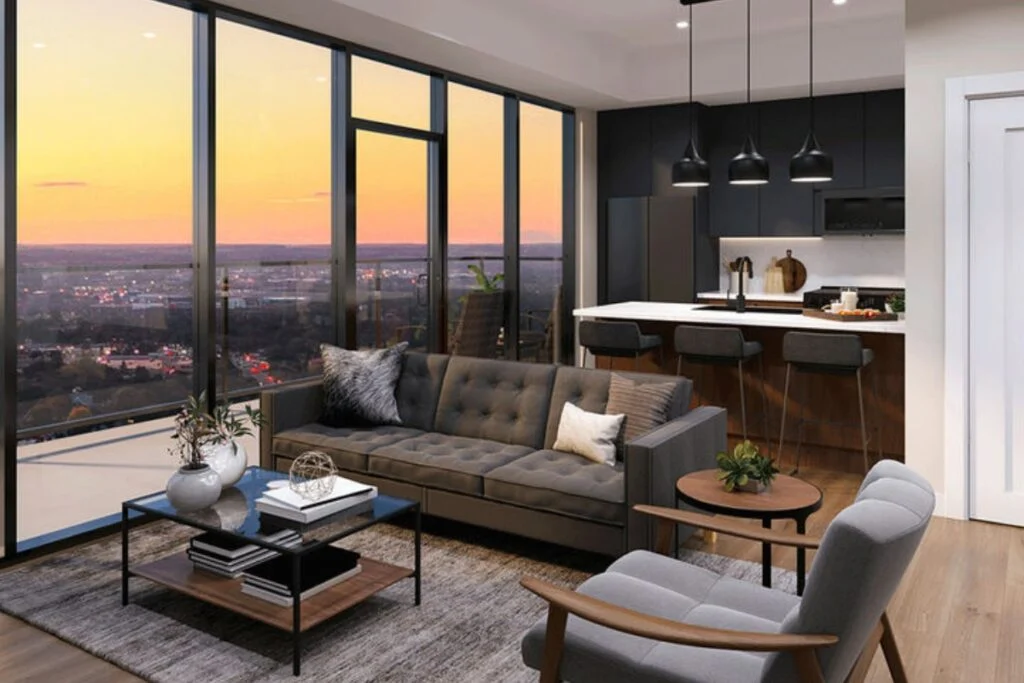 Q Condos Momentum Developments affordable Kitchener condo investment suite living room and kitchen