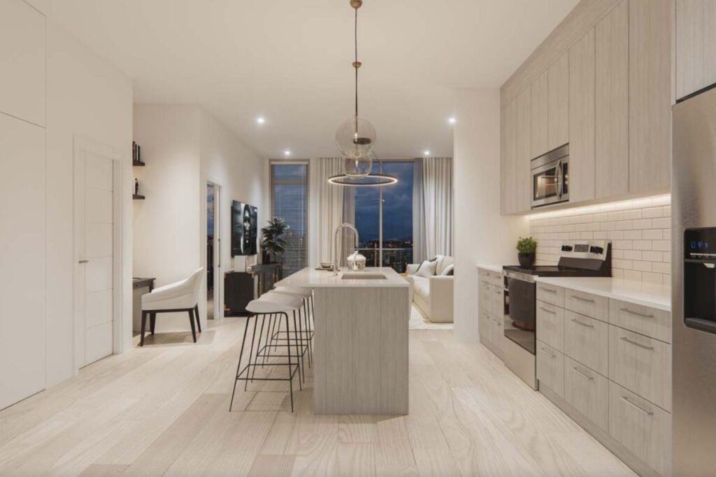 Myne condos Starting from $300k in Calgary, Alberta living room and kitchen