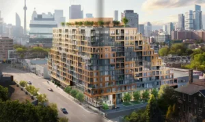 Aerial view of the 28 Eastern condominium by Alterra in Corktown, Toronto