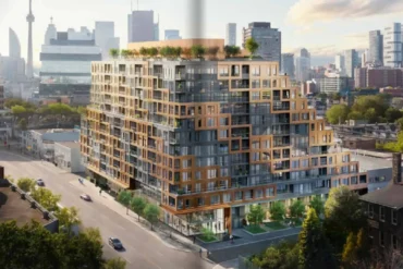 Aerial view of the 28 Eastern condominium by Alterra in Corktown, Toronto