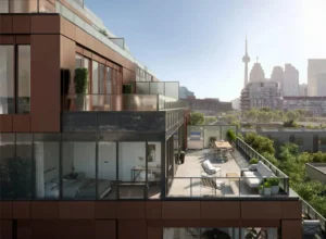 Private suite terrace with skyline view at 28 Eastern by Alterra in Toronto