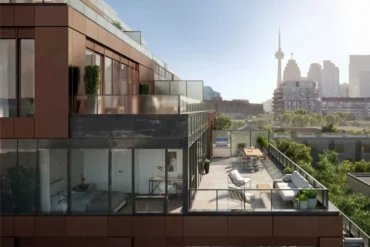 Private suite terrace with skyline view at 28 Eastern by Alterra in Toronto