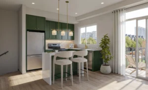Kitchen with island at Aura Towns by Caivan in Mississauga