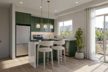Kitchen with island at Aura Towns by Caivan in Mississauga
