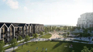 Townhomes and park at Aura Towns by Caivan in Lakeview Village, Mississauga