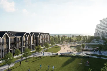 Townhomes and park at Aura Towns by Caivan in Lakeview Village, Mississauga