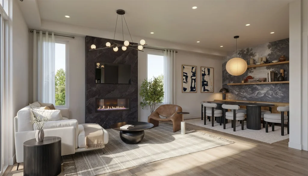 Living and dining area with fireplace at Aura Towns by Caivan in Mississauga