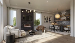 Living and dining area with fireplace at Aura Towns by Caivan in Mississauga