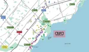 Neighbourhood amenity map for Aura Towns by Caivan in Lakeview Village, Mississauga