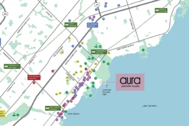 Neighbourhood amenity map for Aura Towns by Caivan in Lakeview Village, Mississauga