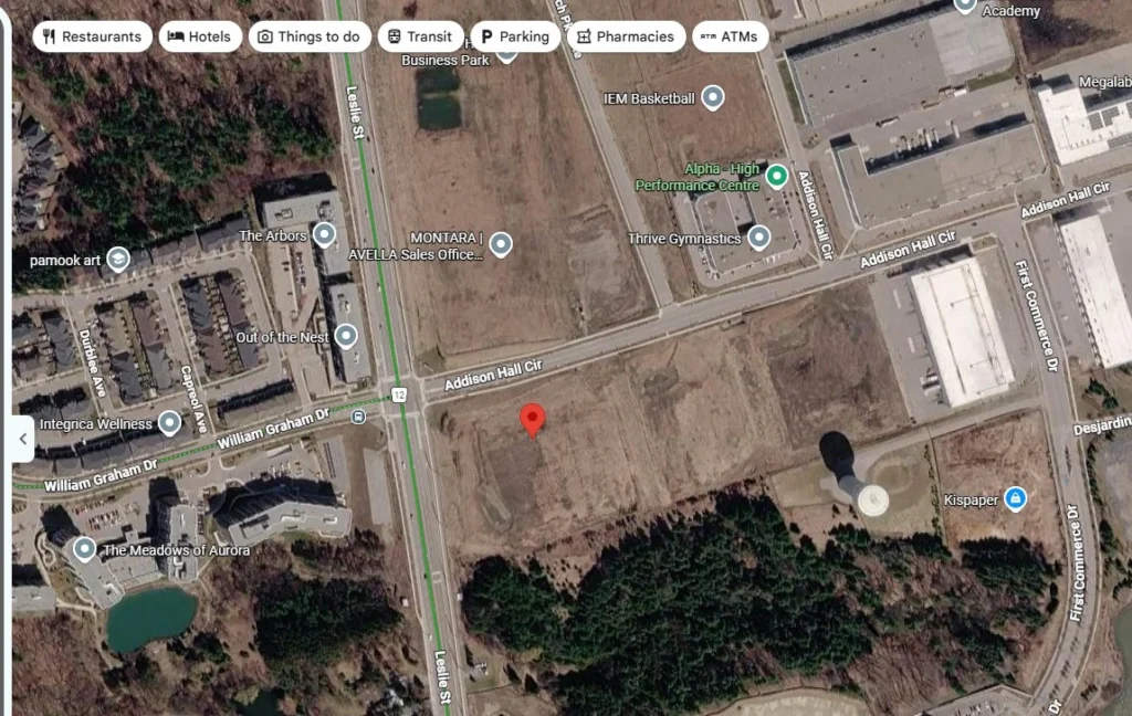 Google Maps satellite view near 25 Addison Hall Circle, Aurora, close to the Avella townhome site by Treasure Hill