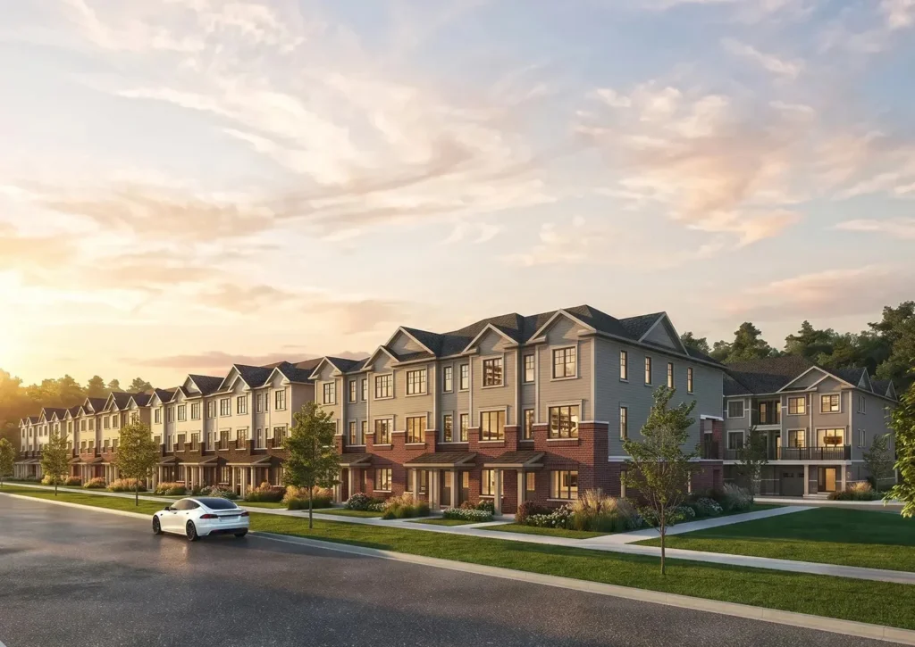 Row of three-storey townhomes at Bellaro at Palmetto by Treasure Hill in north Oshawa