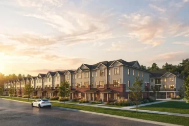 Row of three-storey townhomes at Bellaro at Palmetto by Treasure Hill in north Oshawa