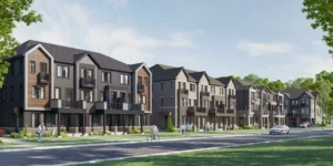 Streetscape of stacked townhomes at Clairmont by Mattamy Homes in Guelph