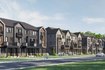 Streetscape of stacked townhomes at Clairmont by Mattamy Homes in Guelph