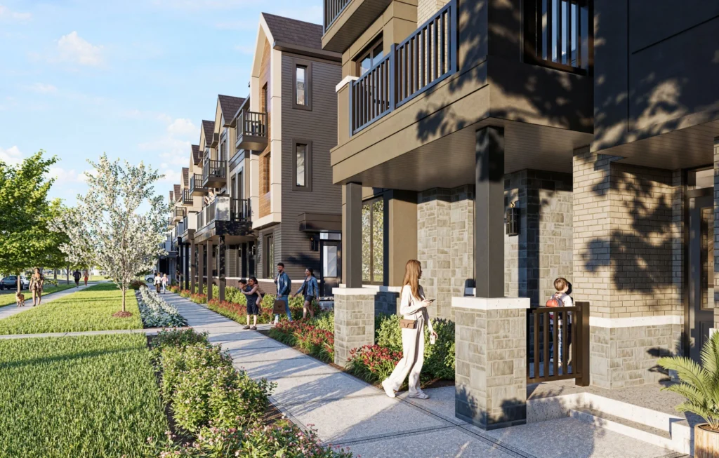 Tree-lined walkway beside townhomes at Clairmont by Mattamy Homes in Guelph
