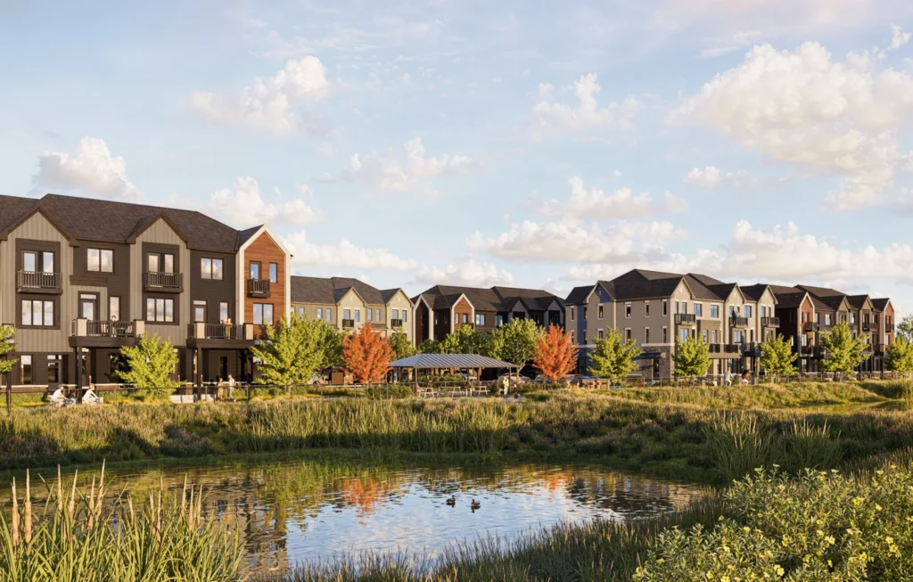 Townhomes beside a storm pond at Clairmont by Mattamy Homes in Guelph