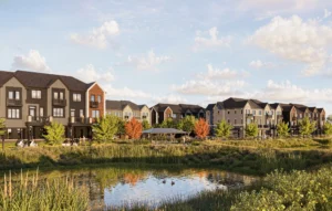 Townhomes beside a storm pond at Clairmont by Mattamy Homes in Guelph