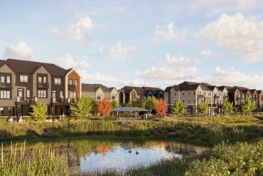 Townhomes beside a storm pond at Clairmont by Mattamy Homes in Guelph