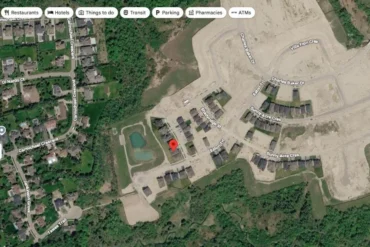Google Maps satellite view of the Eversley Estates model home area at Bud Willmot Way in King City