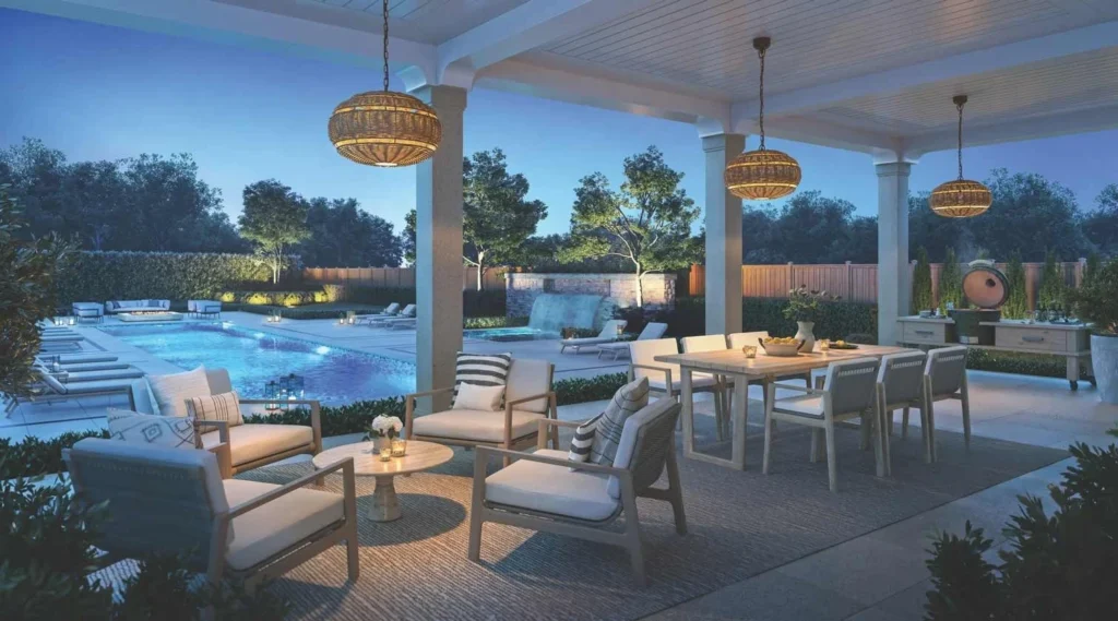 Builder rendering: Covered terrace pool rendering at Eversley Estates in King City by Treasure Hill