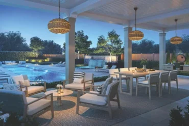 Builder rendering: Covered terrace pool rendering at Eversley Estates in King City by Treasure Hill