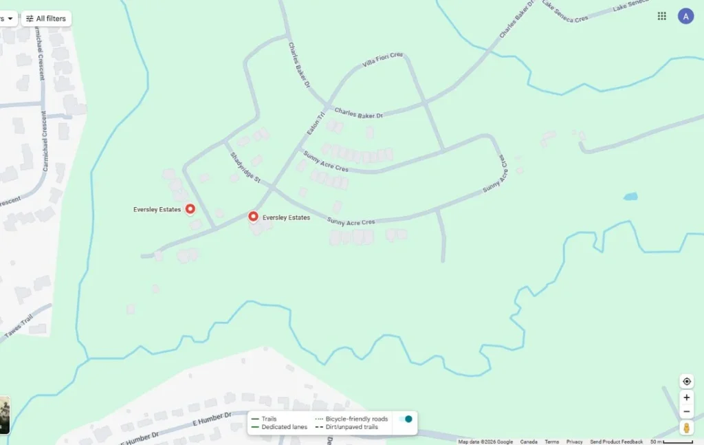 Google Maps view of the Eversley Estates community in King City, Ontario