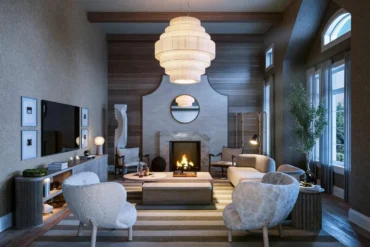 Builder rendering: Living room fireplace rendering at Eversley Estates in King City by Treasure Hill