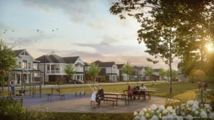 Rendering of a neighbourhood park and homes at Fox Run by Caivan in Richmond Village, Ottawa
