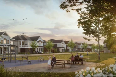 Rendering of a neighbourhood park and homes at Fox Run by Caivan in Richmond Village, Ottawa