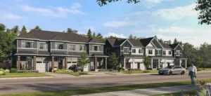 Streetscape of townhomes at Fox Run by Caivan in Richmond Village, Ottawa