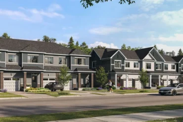 Streetscape of townhomes at Fox Run by Caivan in Richmond Village, Ottawa
