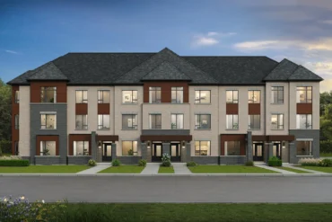 Evening streetscape of townhomes at Glenway by Andrin Homes in Newmarket