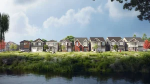 Row of homes beside a pond at Half Moon Bay by Mattamy Homes in Barrhaven Ottawa