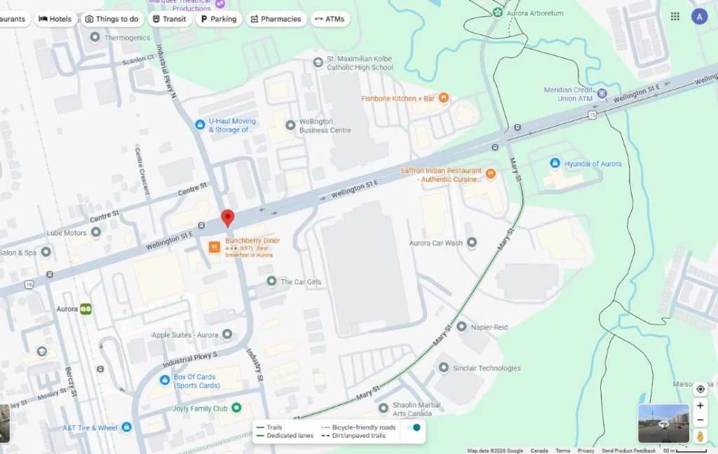 Google Maps view of Wellington Street East and Industrial Parkway North in Aurora near the Aurora GO Station