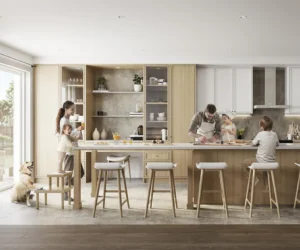Open kitchen with family at Havendale by Cachet Homes in Brantford