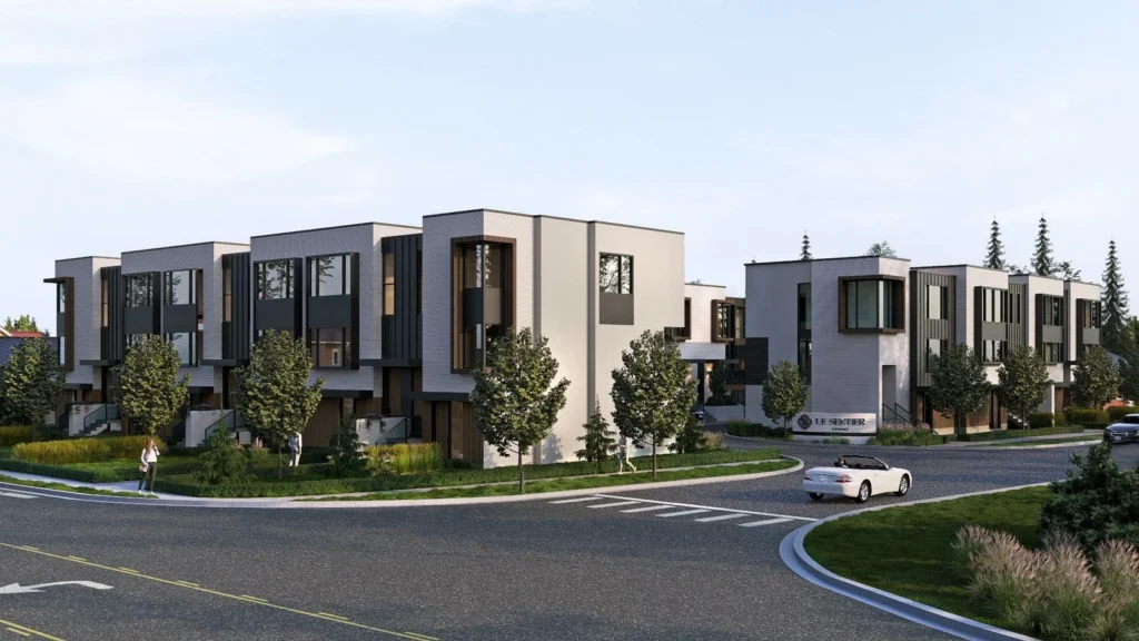 Streetscape of modern townhomes at Le Sentier in Richmond Hill