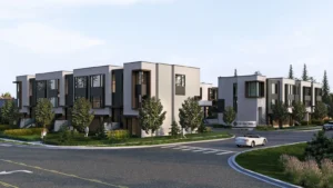 Streetscape of modern townhomes at Le Sentier in Richmond Hill