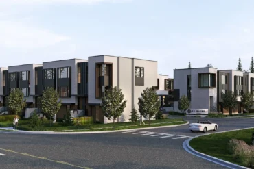 Streetscape of modern townhomes at Le Sentier in Richmond Hill
