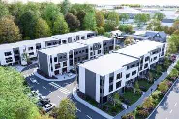 Builder rendering: Aerial view townhome buildings rendering at Livewell on Wellington in Aurora