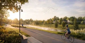 Cyclist on the pond pathway at Magnolia by Caivan in Stittsville, Ottawa