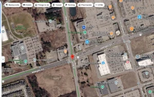 Google Maps satellite view of Leslie Street and Wellington Street East in Aurora, the intersection near Montara by Treasure Hill