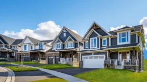 Street of detached homes at South River by Granite Homes in Elora