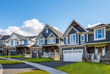 Street of detached homes at South River by Granite Homes in Elora