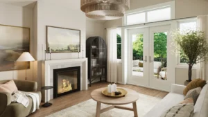 Family room with fireplace at South River by Granite Homes in Elora