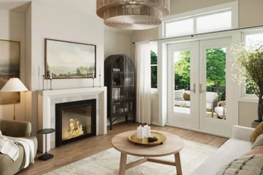 Family room with fireplace at South River by Granite Homes in Elora