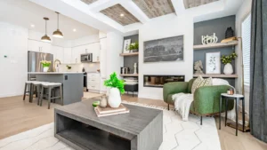 Open living and dining area at South River by Granite Homes in Elora
