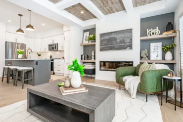 Open living and dining area at South River by Granite Homes in Elora
