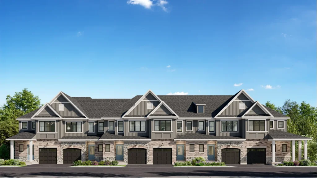 Row of townhomes at South River by Granite Homes in Elora